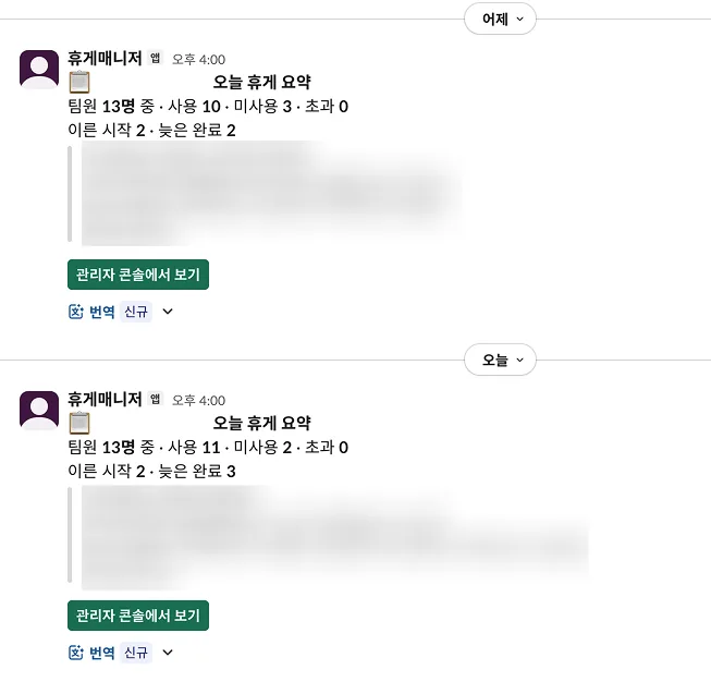 관리 쪽으로 가는 일일 요약입니다. 사용과 미사용, 초과 건수만 세어 보내고 개인 이름은 들어가지 않습니다.